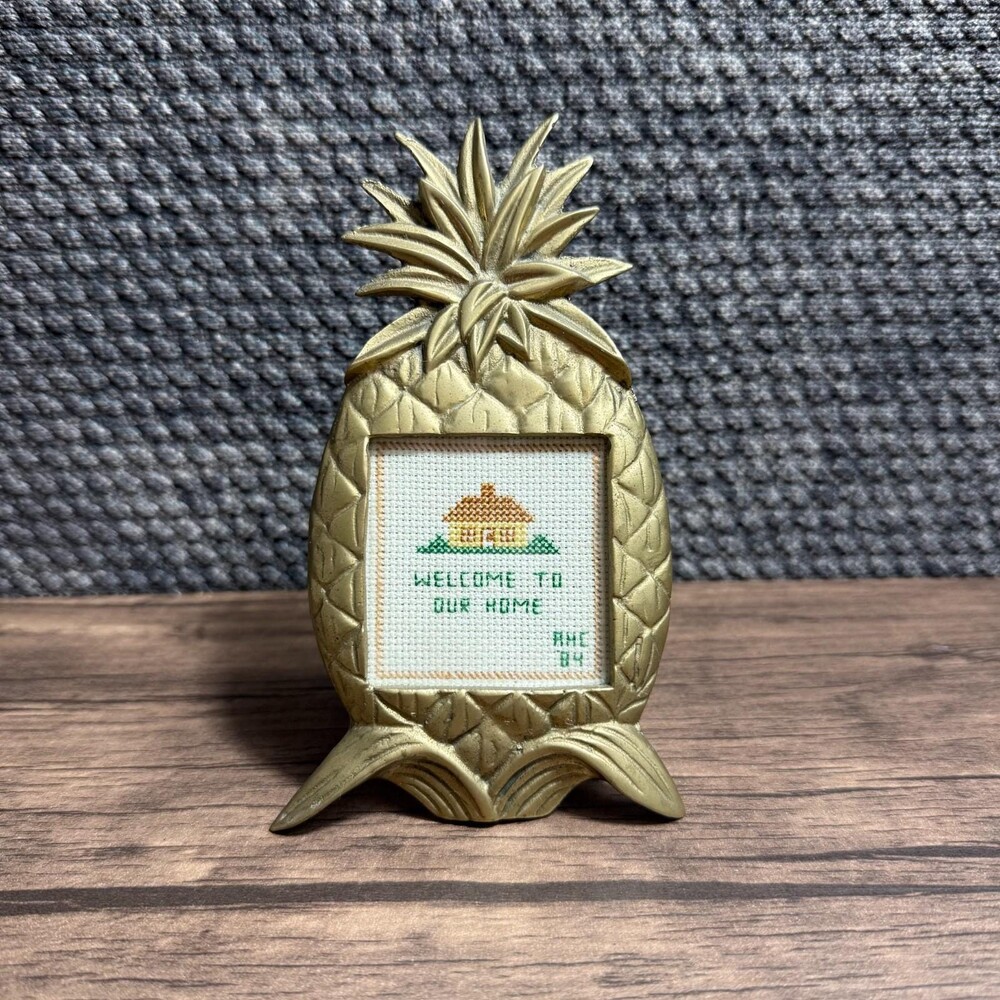 Vintage 1983 Penco Brass Pineapple Frame with Cross Stitch Welcome to Our Home